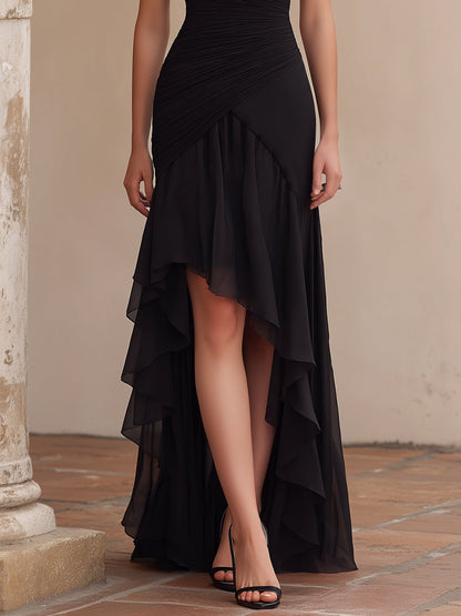 Ruched Lace-Shoulder High-Low Evening Dress - Style View 3 | Clova