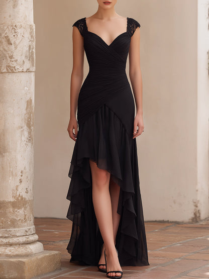 Ruched Lace-Shoulder High-Low Evening Dress - Clova Women's Fashion