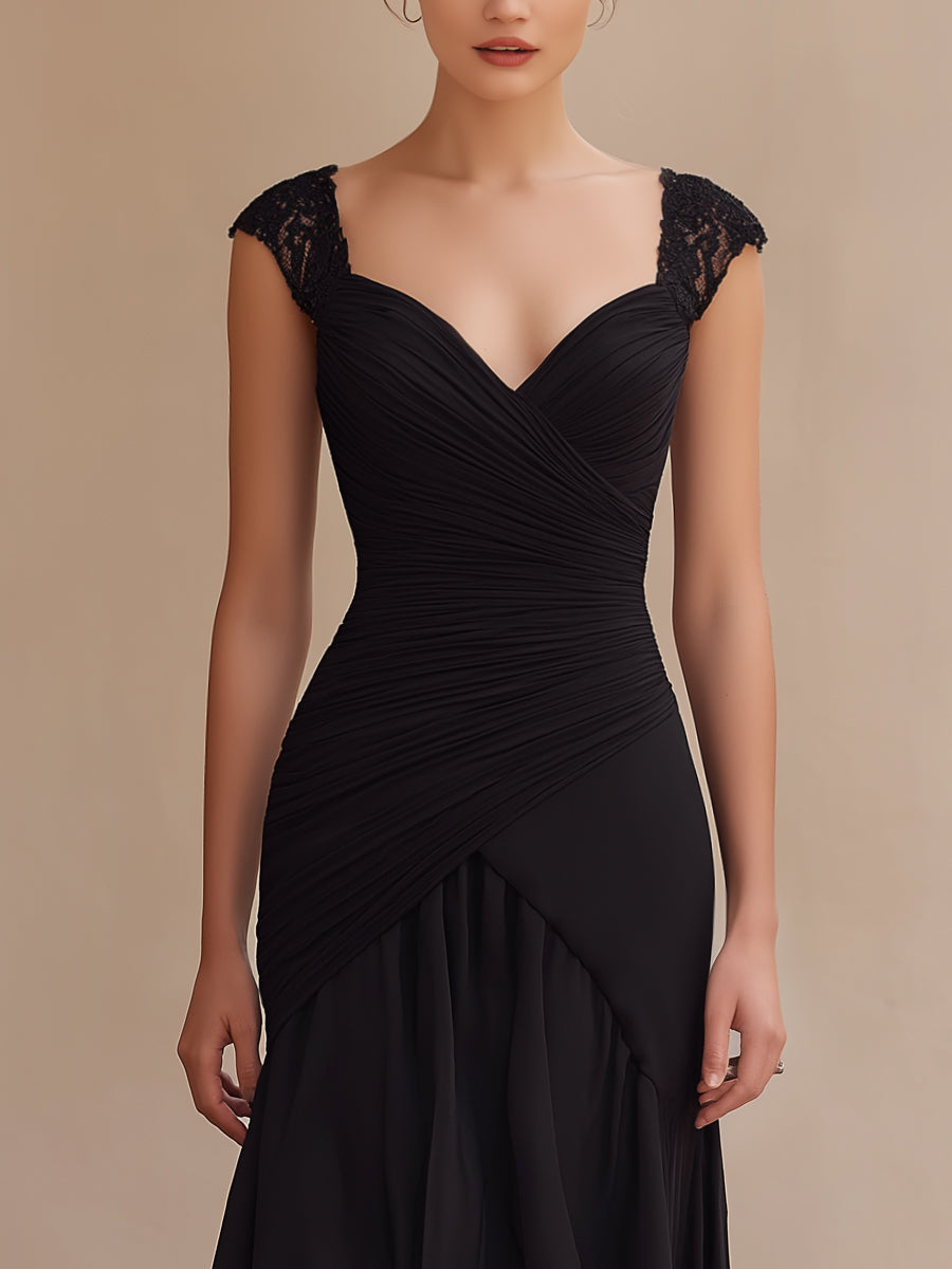 Ruched Lace-Shoulder High-Low Evening Dress - Style View 2 | Clova