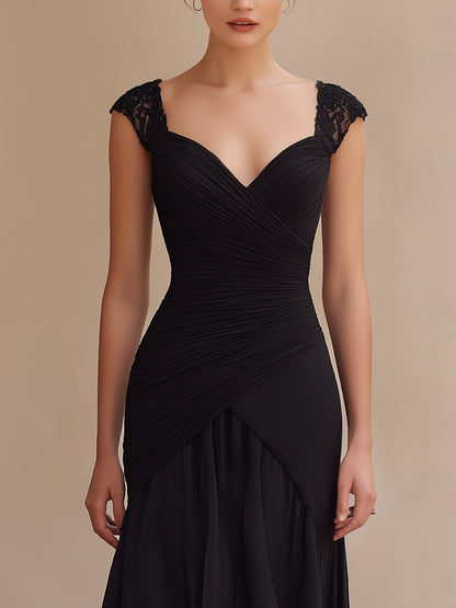 Ruched Lace-Shoulder High-Low Evening Dress - Style View 2 | Clova