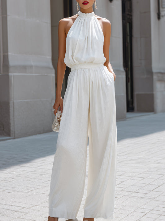 Flowing Halter Neck Layered Top And Wide-Leg Trousers Set - Clova Women's Fashion