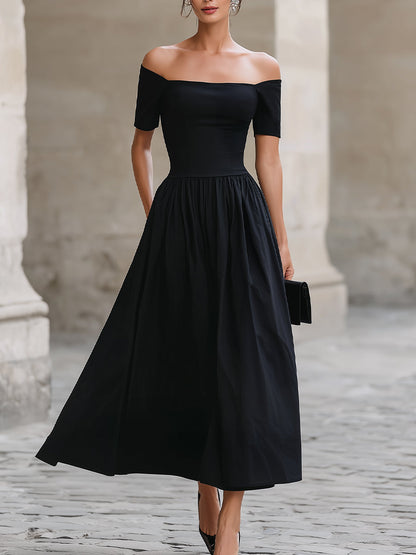 Black Off-the-Shoulder Short-Sleeve Fit-and-Flare Maxi Dress - Clova Women's Fashion