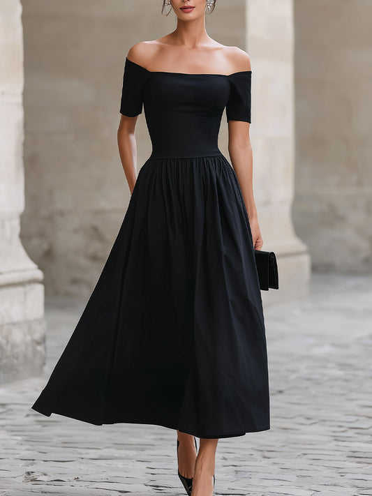 Black Off-the-Shoulder Short-Sleeve Fit-and-Flare Maxi Dress - Clova Women's Fashion