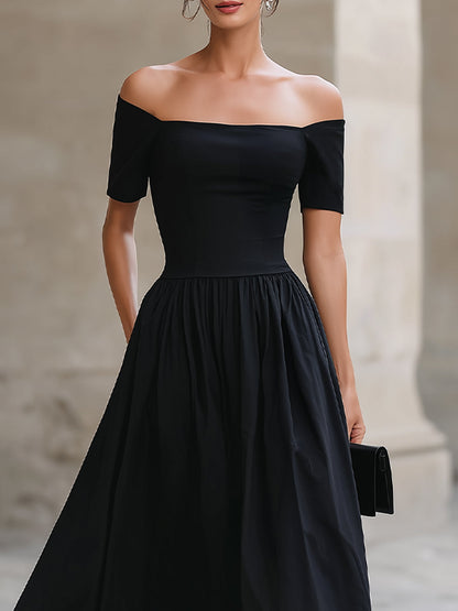 Black Off-the-Shoulder Short-Sleeve Fit-and-Flare Maxi Dress - Style View 2 | Clova