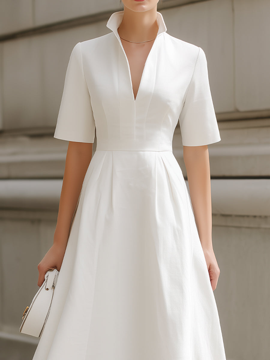 Stand Collar V-Neck Fit-and-Flare Midi Dress - Style View 2 | Clova