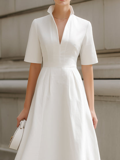 Stand Collar V-Neck Fit-and-Flare Midi Dress - Style View 2 | Clova
