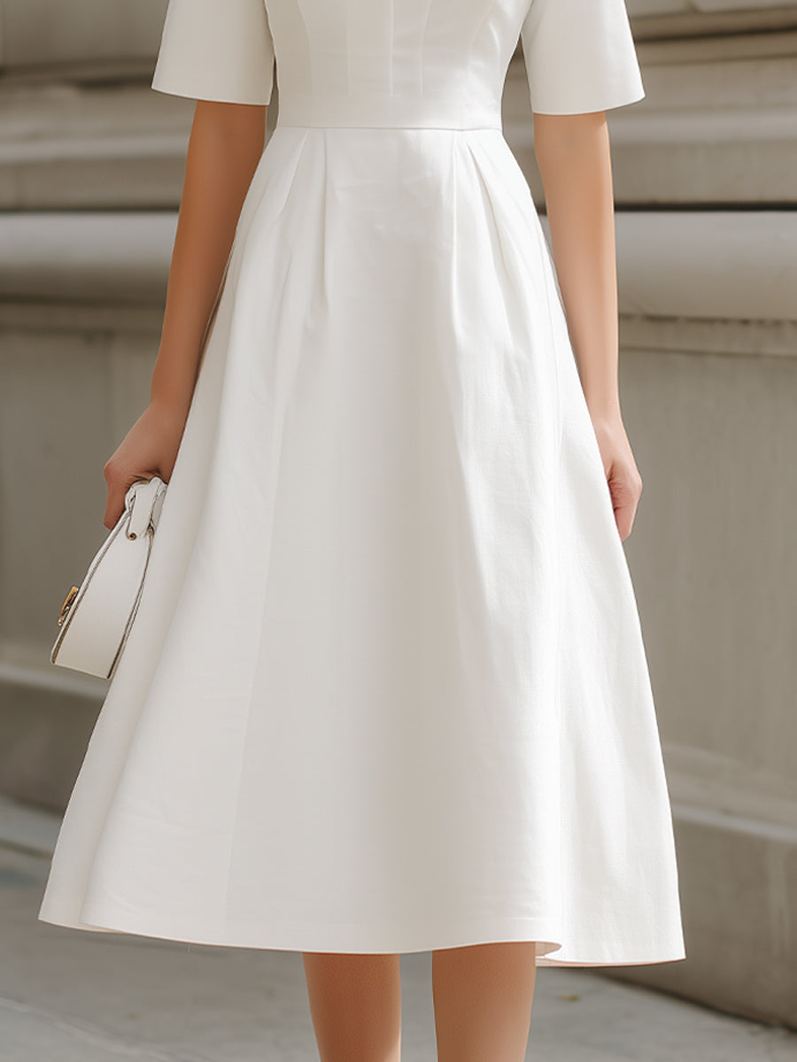 Stand Collar V-Neck Fit-and-Flare Midi Dress - Style View 3 | Clova