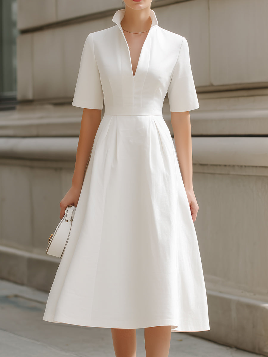 Stand Collar V-Neck Fit-and-Flare Midi Dress - Clova Women's Fashion