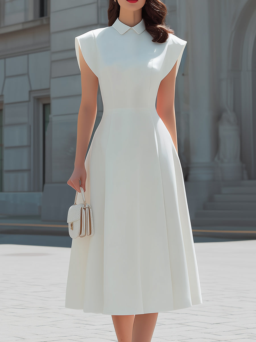 Peter Pan Collar Cap-Sleeve Fit-and-Flare Midi Dress - Clova Women's Fashion
