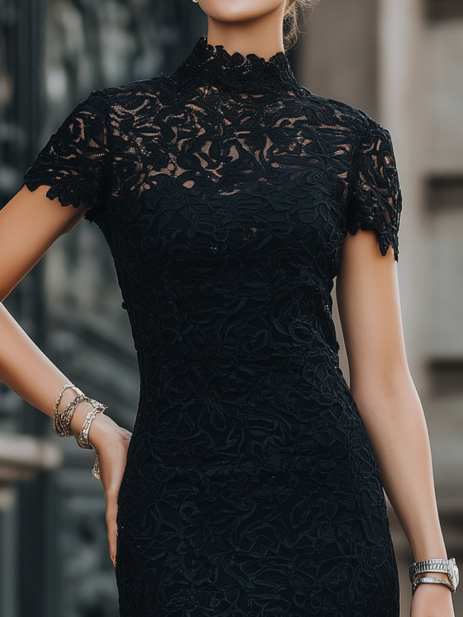 Elegant Floral Lace High-Neck Mini Dress - Style View 2 | Clova