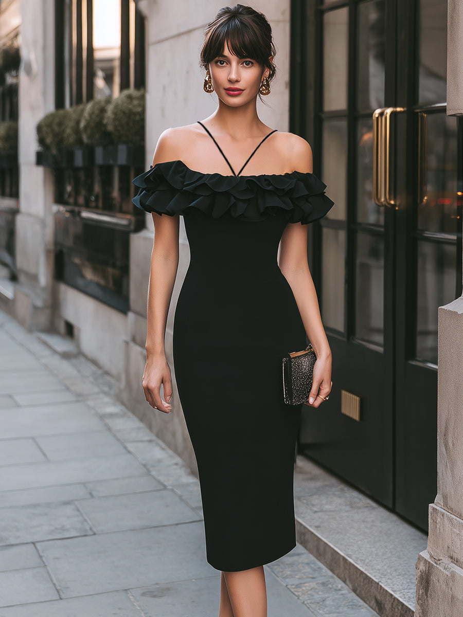Off-Shoulder Ruffle Trim Fitted Midi Dress With Strap Detail - Style View 2 | Clova