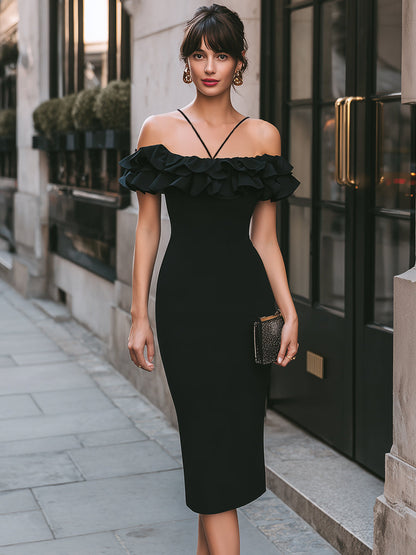 Off-Shoulder Ruffle Trim Fitted Midi Dress With Strap Detail - Style View 2 | Clova