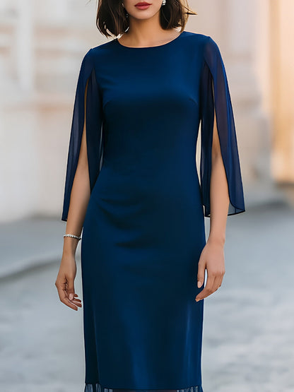 Navy Blue Chiffon Cape-Sleeve Sheath Midi Dress - Style View 2 | Clova
