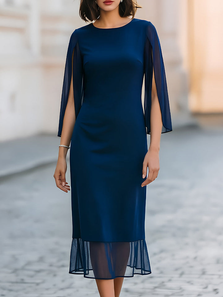 Navy Blue Chiffon Cape-Sleeve Sheath Midi Dress - Clova Women&