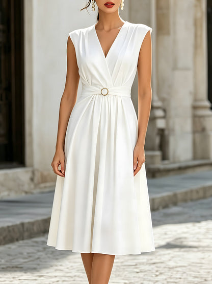 Elegant V-Neck Pleated Waist Belted A-Line Midi Dress - Clova Women's Fashion