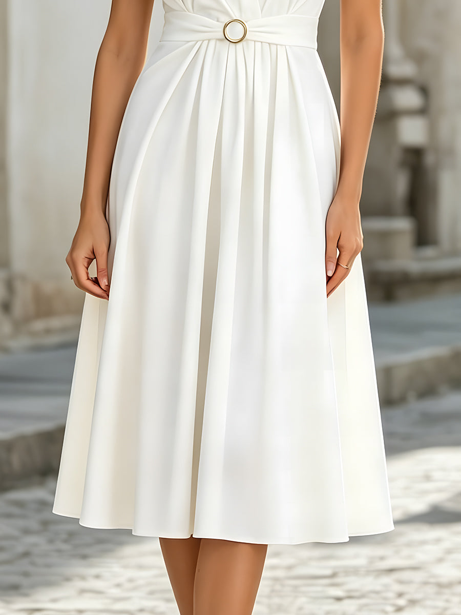 Elegant V-Neck Pleated Waist Belted A-Line Midi Dress - Style View 4 | Clova