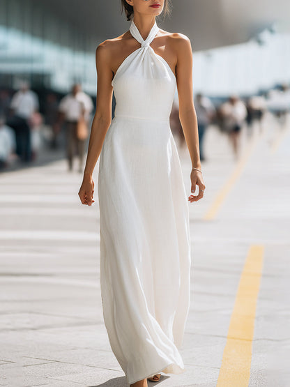 Twist Halter Neck Flowing Maxi Dress - Clova Women's Fashion