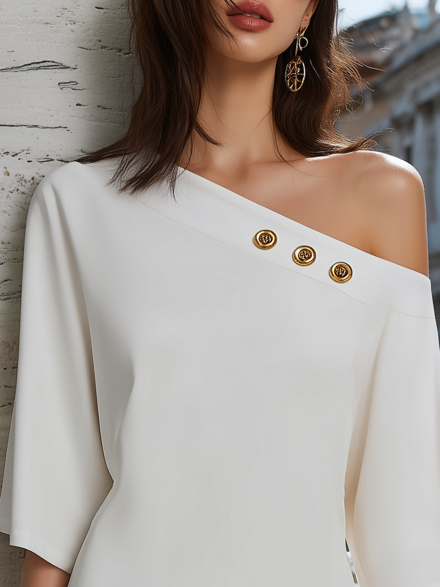 Asymmetrical Relaxed One-Shoulder Button Detail Mini Dress - Style View 2 | Clova