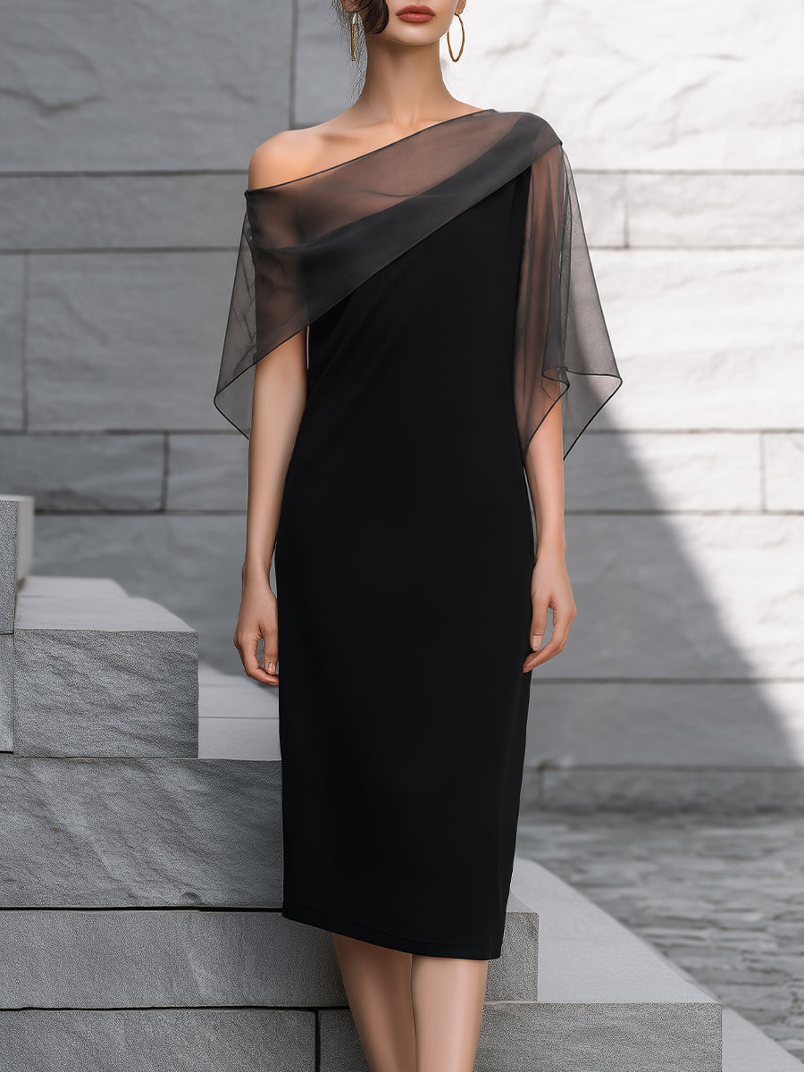 Sheer Overlay Asymmetrical One-Shoulder Midi Dress - Clova Women's Fashion