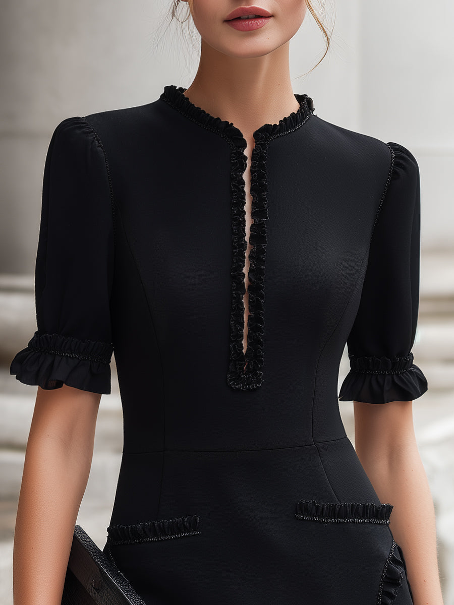 Puff Sleeves Ruffle Trim Tailored Midi Dress - Style View 2 | Clova