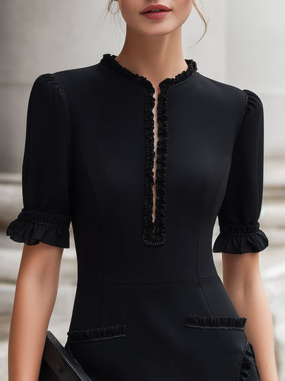 Puff Sleeves Ruffle Trim Tailored Midi Dress - Style View 2 | Clova