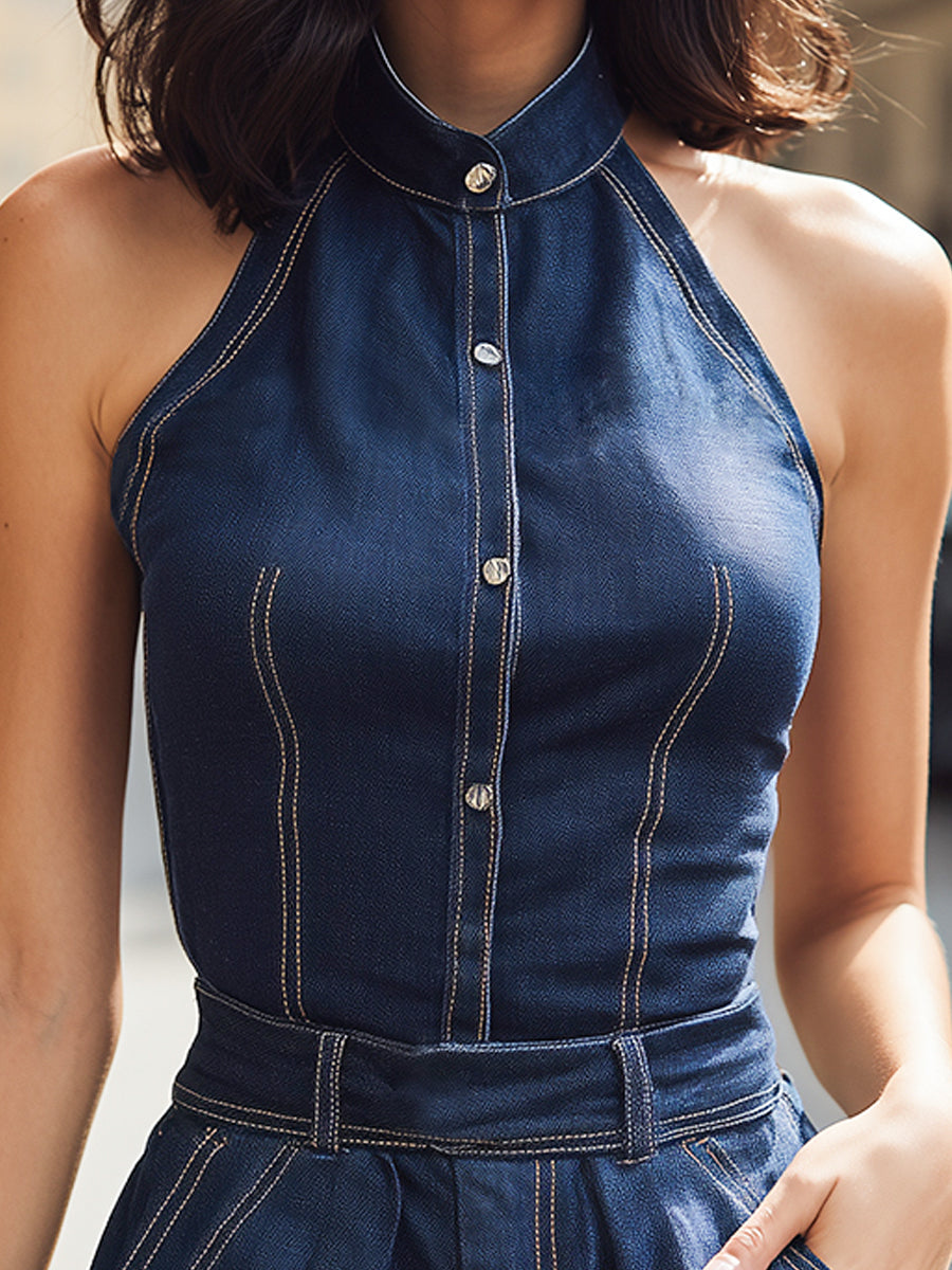 Denim Halter Neck Button-Front Tailored Romper - Style View 2 | Clova