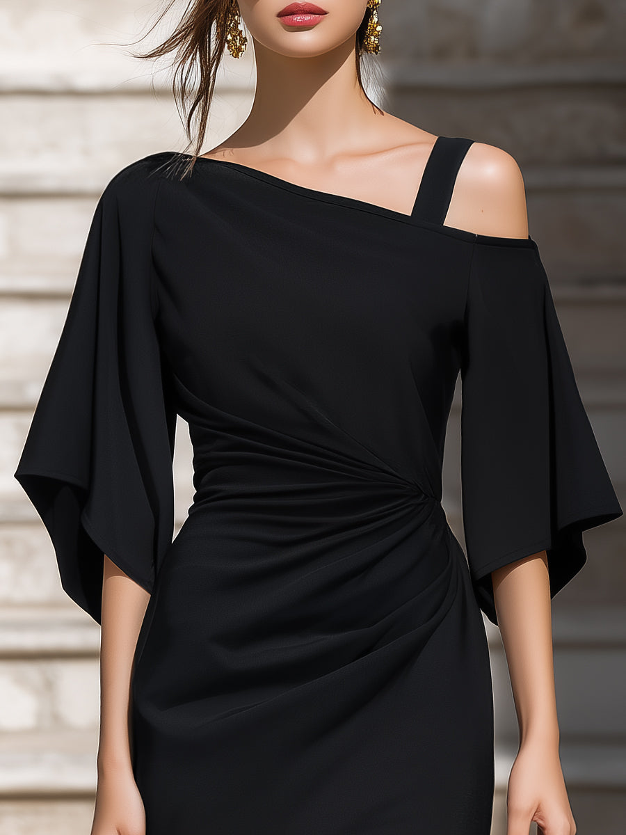 Asymmetrical Off-shoulder Neckline Ruched Midi Dress - Style View 2 | Clova