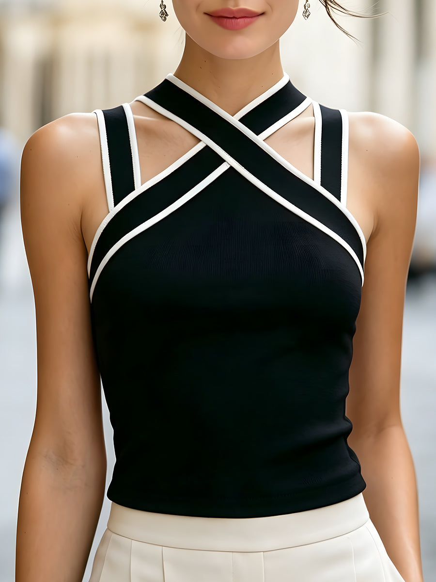 Contrast Trim Cross-Strap Halter Neck Fitted Top - Clova Women's Fashion