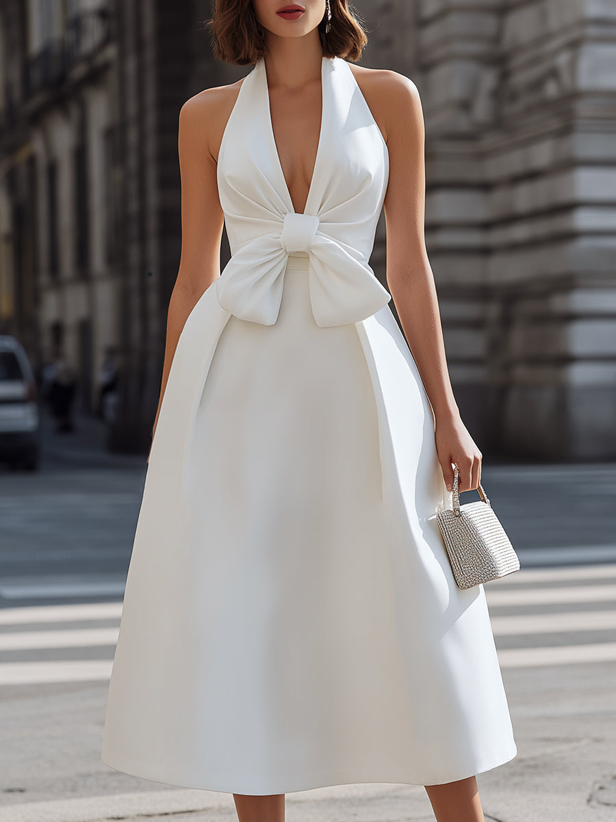 Elegant Bow Accent Halter Midi Dress - Clova Women's Fashion