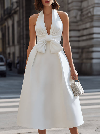 Elegant Bow Accent Halter Midi Dress - Clova Women's Fashion