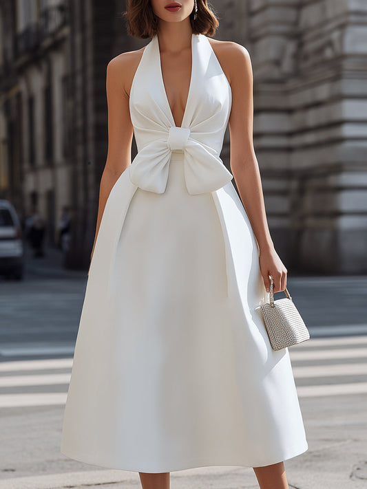 Elegant Bow Accent Halter Midi Dress - Clova Women's Fashion