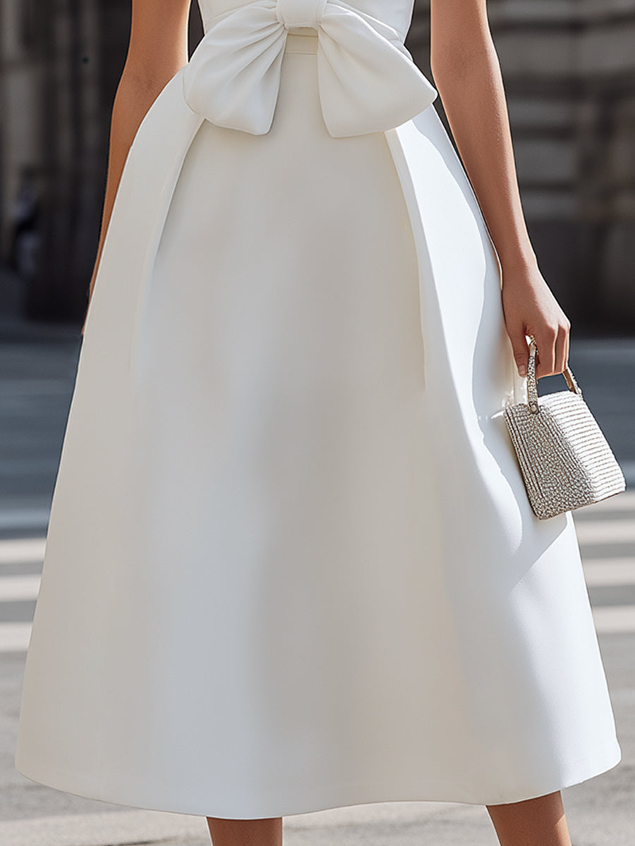 Elegant Bow Accent Halter Midi Dress - Style View 3 | Clova