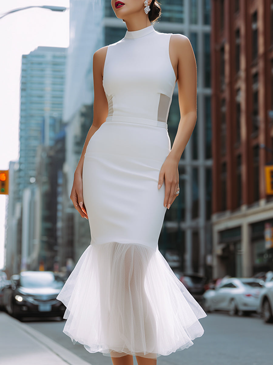 Elegant Mesh Hem Mermaid Midi Dress - Clova Women's Fashion
