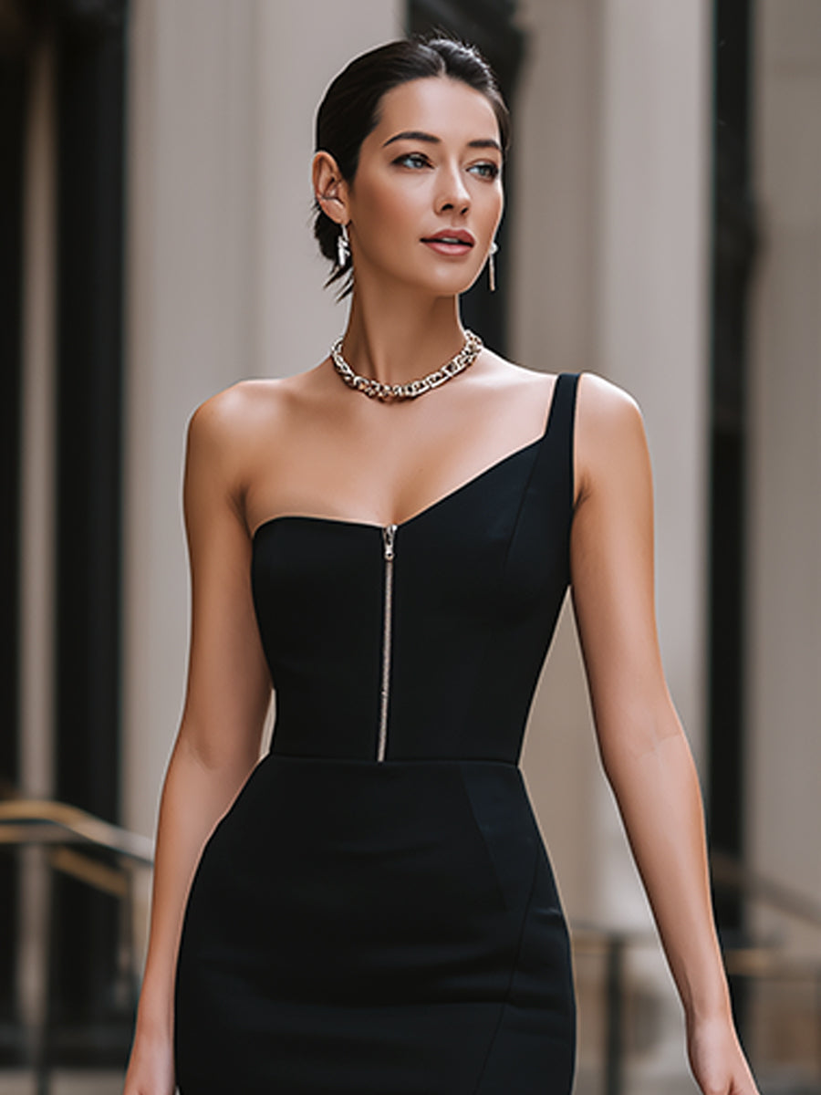 Asymmetrical One-Shoulder Zip Front Cocktail Dress - Style View 2 | Clova