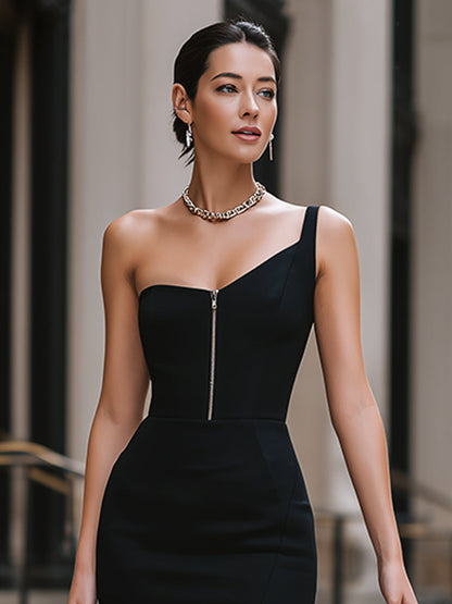 Asymmetrical One-Shoulder Zip Front Cocktail Dress - Style View 2 | Clova