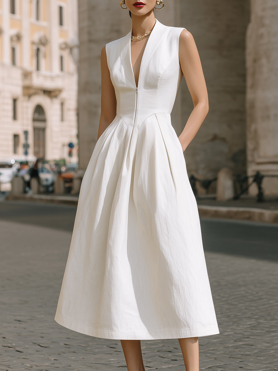 Sleeveless Deep V-Neck Sculpted Midi Dress - Clova Women's Fashion
