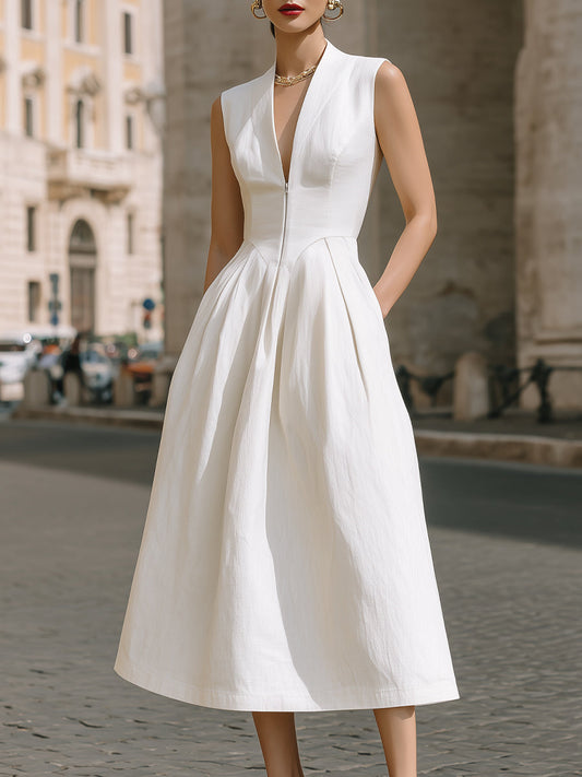 Sleeveless Deep V-Neck Sculpted Midi Dress - Clova Women's Fashion