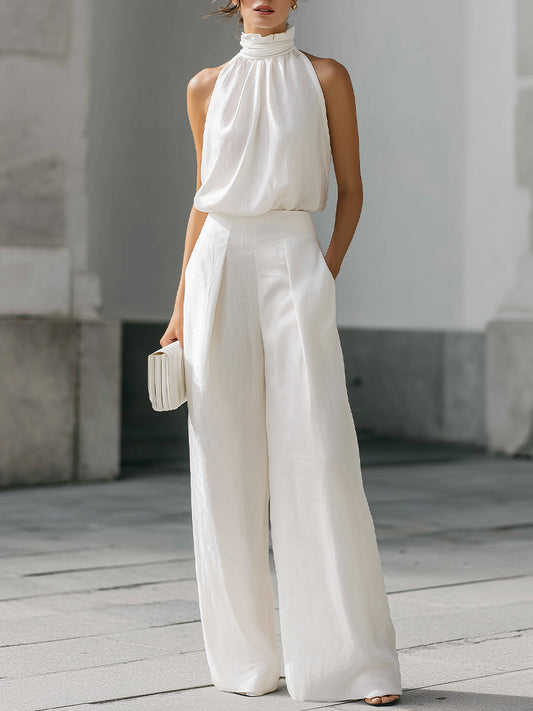 High-Neck Halter Top And Wide-Leg Trousers Set With Fluid Silhouette - Clova Women's Fashion