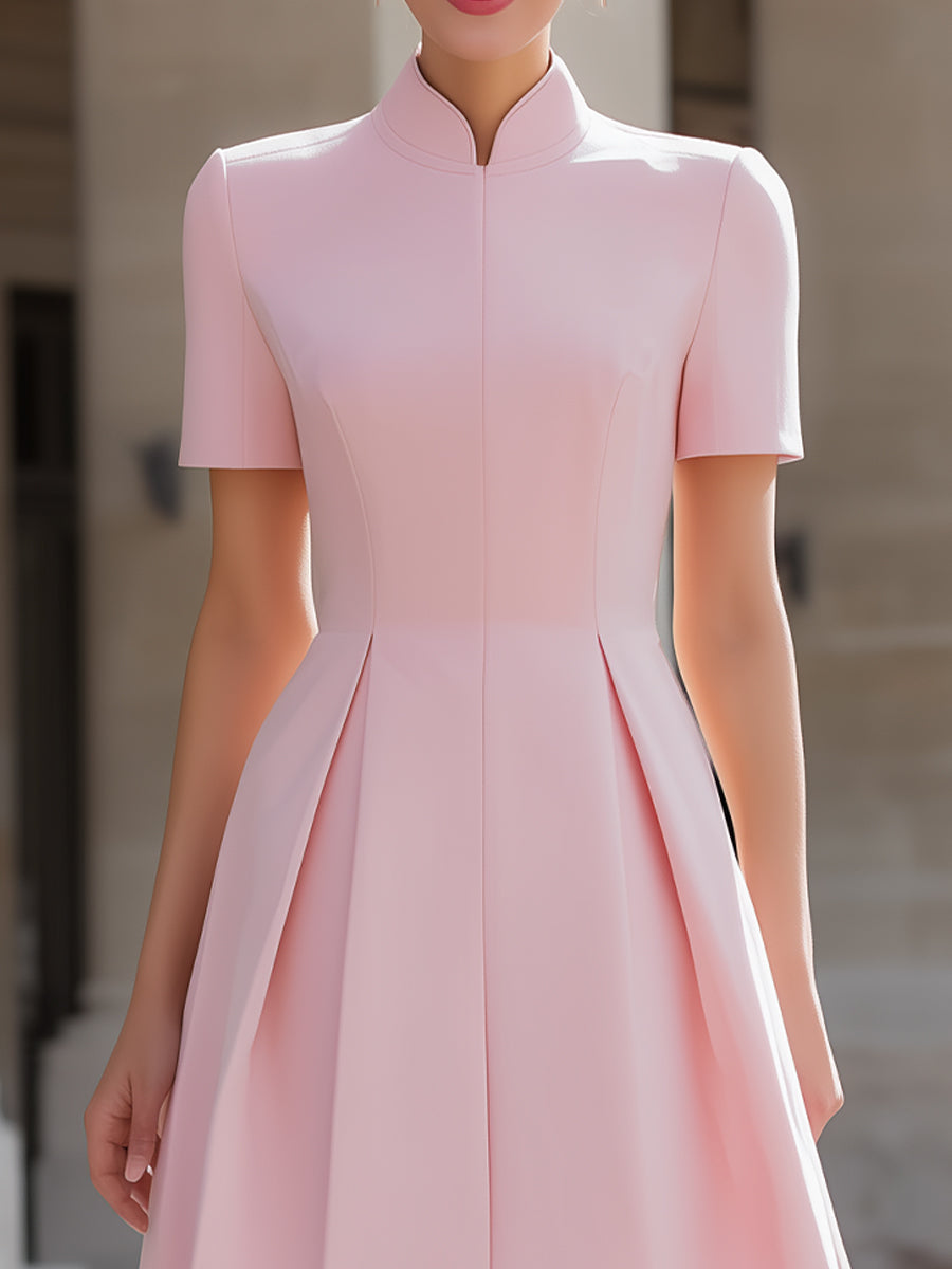 Mandarin Collar Short-Sleeve Fit-and-Flare Mini Dress - Style View 4 | Clova