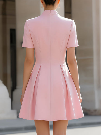 Mandarin Collar Short-Sleeve Fit-and-Flare Mini Dress - Style View 2 | Clova