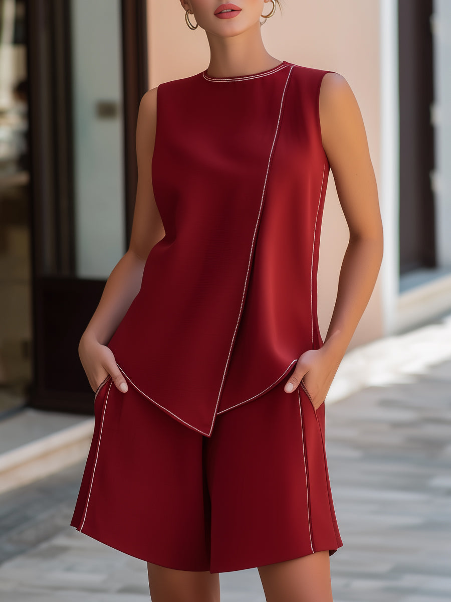 Contrast Piping Sleeveless Asymmetrical Top And Shorts Set - Clova Women's Fashion