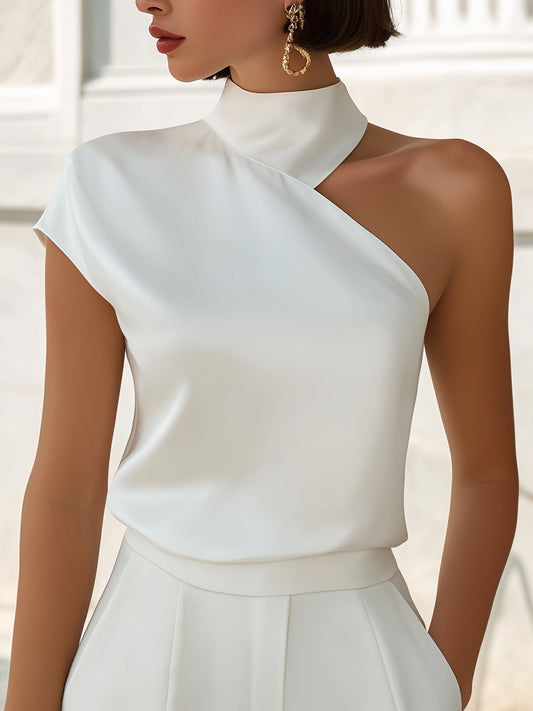 Asymmetrical High-Neck One-Shoulder Satin Blouse - Clova Women's Fashion