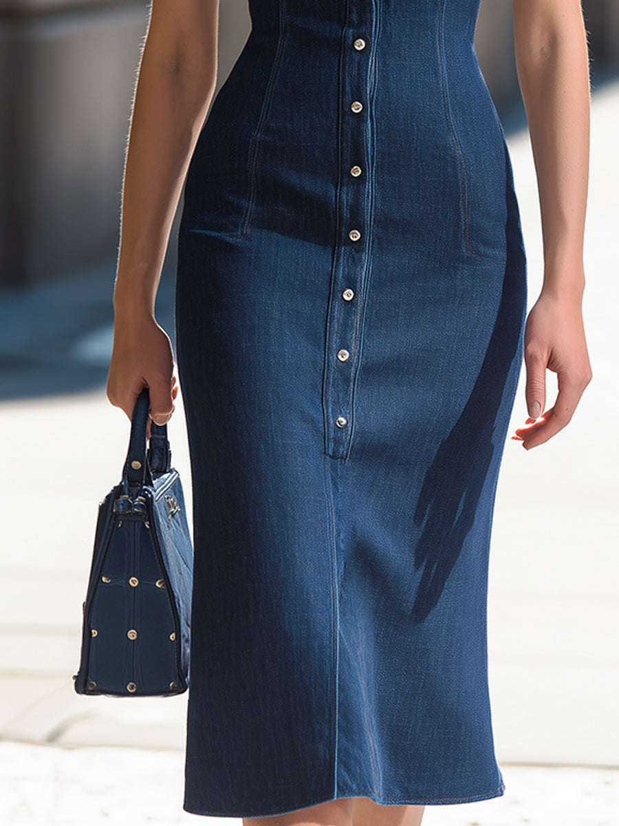 Tailored Sleeveless Denim Midi Dress - Style View 2 | Clova