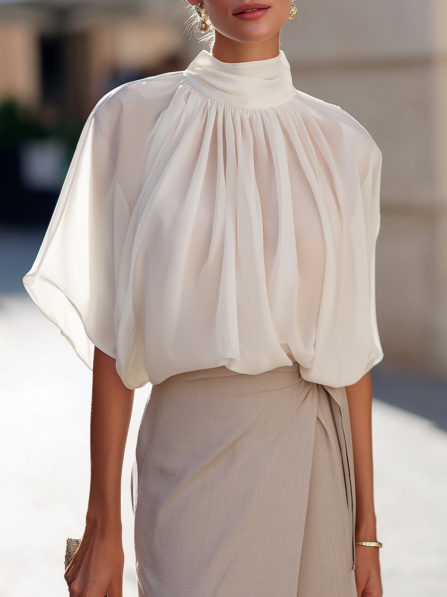 High-Neck Pleated Blouse With Voluminous Flutter Sleeves - Clova Women's Fashion
