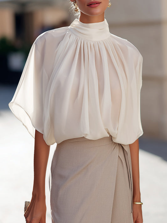 High-Neck Pleated Blouse With Voluminous Flutter Sleeves - Clova Women's Fashion