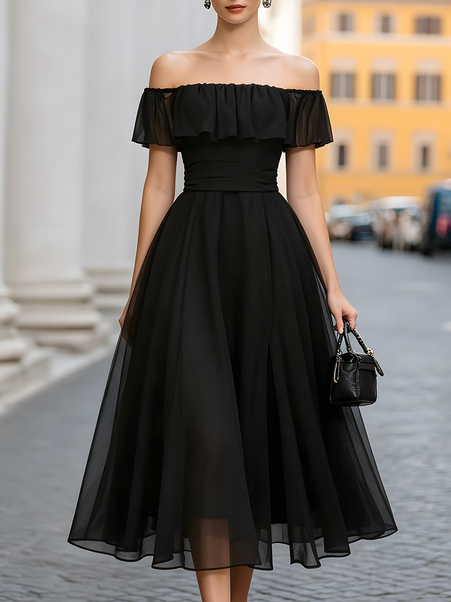 Off-Shoulder Ruffle Organza A-Line Midi Dress - Clova Women's Fashion