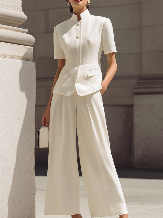 Mandarin-Collar Short-Sleeve Tailored Blazer & High-Waisted Wide-Leg Cropped Trousers Two-Piece Suit - Clova Women's Fashion