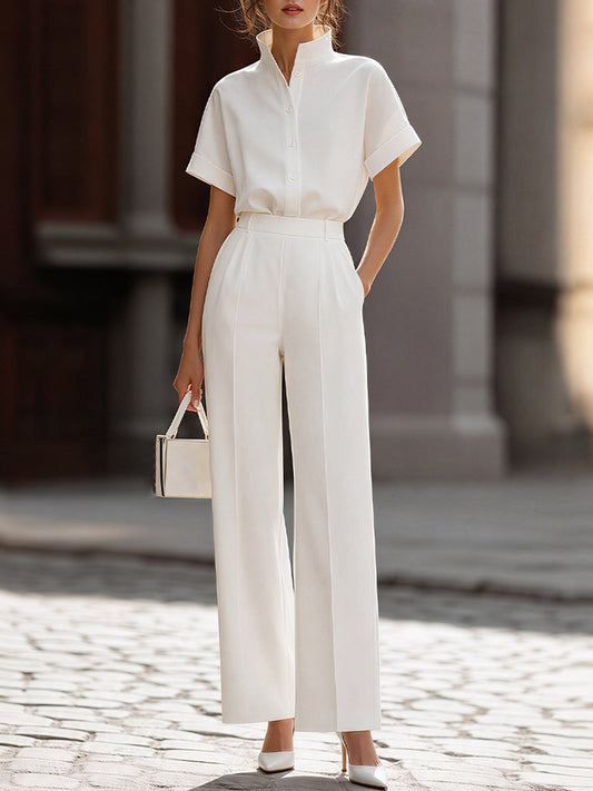 Mandarin-Collar Short-Sleeve Shirt & High-Waisted Wide-Leg Trousers Two-Piece Suit - Clova Women's Fashion