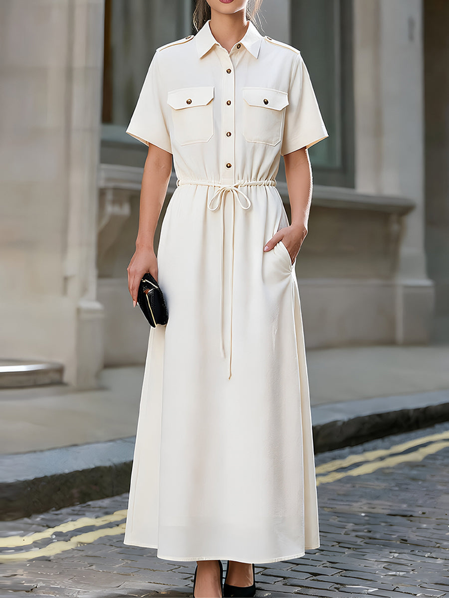 Short-Sleeve Utility Shirt Maxi Dress With Drawstring Waist & Pockets - Clova Women's Fashion