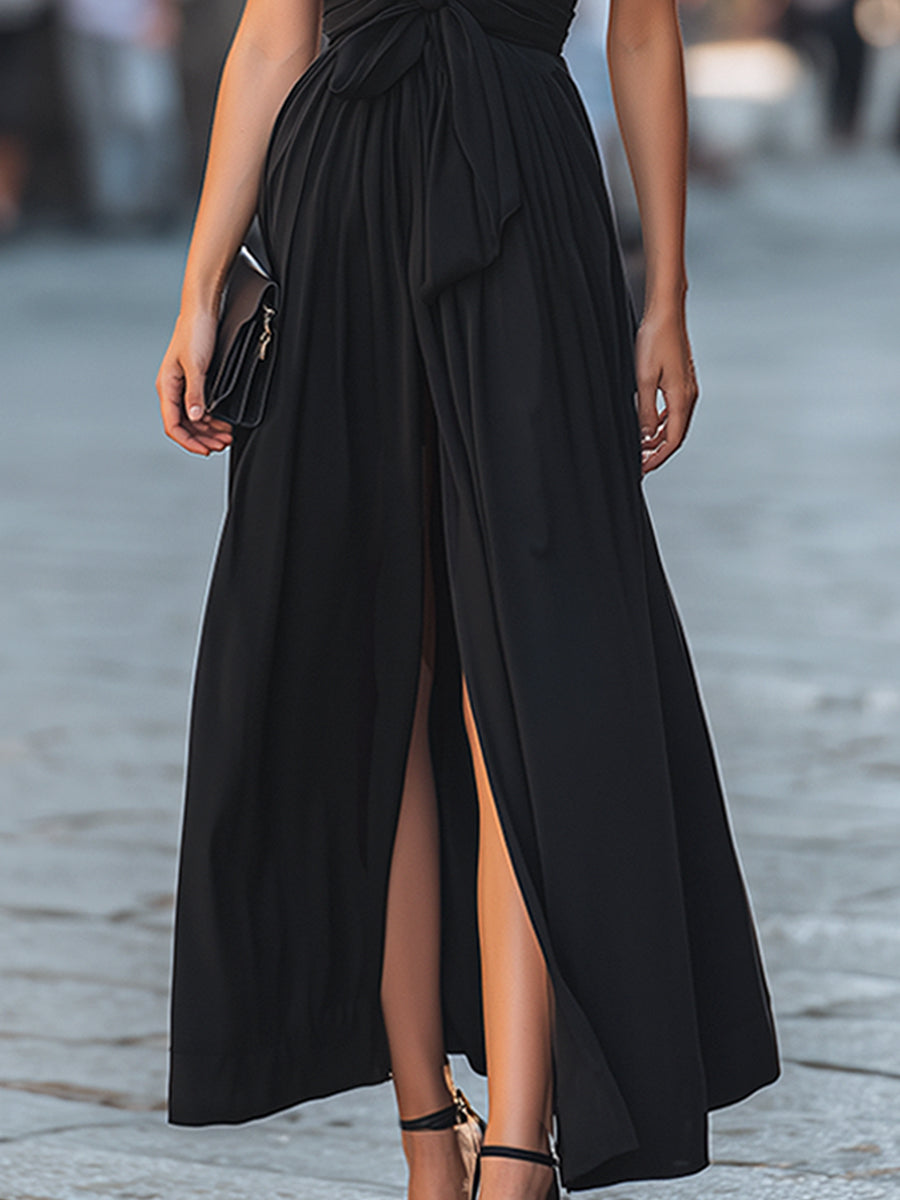 Deep V-Neck Tie-Front Flowing Maxi Dress - Style View 4 | Clova